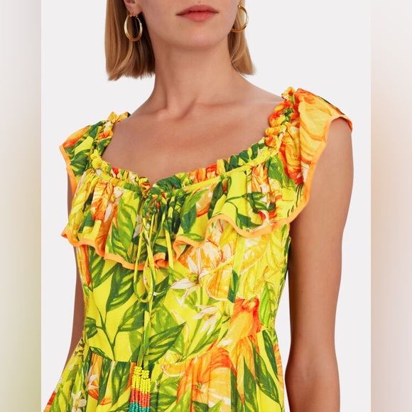 FARM RIO Tangerines Fruit Print Ruffled Midi Dress Tropical Summer Vacation XS - Picture 4 of 13